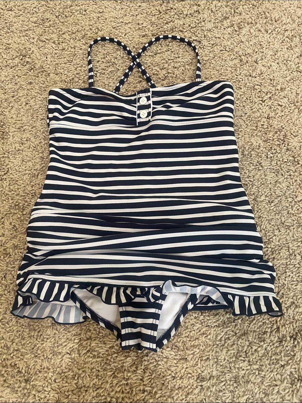 Lands' End Navy and White Striped One-Piece Swim Dress
